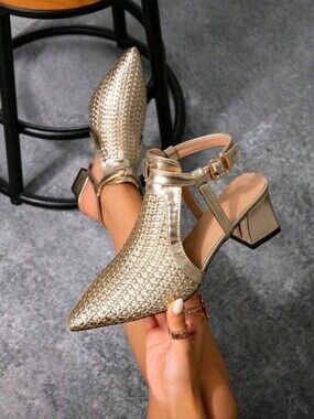 Women's High-End Pointed Toe Chunky Heel Comfortable Slingback Fashion Plaid